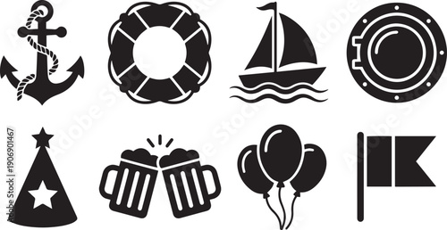 Summer beach travel icon set featuring a black silhouette vector collection of sailing ships and holiday sun symbols for web design art