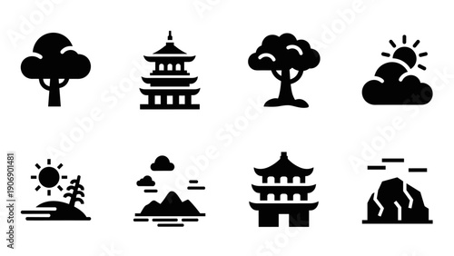 Minimalist silhouette icons of nature and architecture