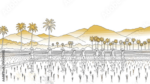 Serene line art depiction of farmers in asian rice field with mountains and palm trees
