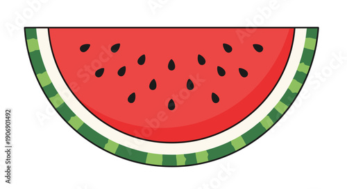 A fresh and vibrant red watermelon slice, meticulously cut, showcases its juicy flesh studded with numerous small black seeds and a distinct green and white striped rind on a clean white background.