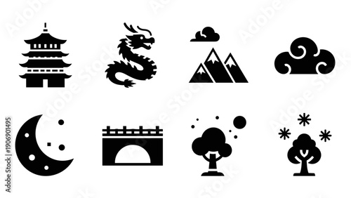 Asian symbol set: minimalist icons of dragon, pagoda, and more