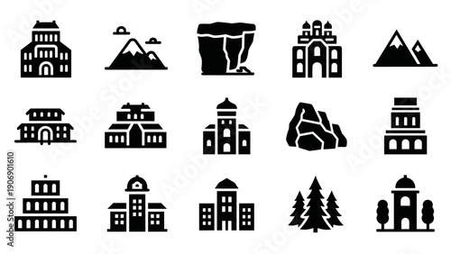 Silhouette icons of mountains, buildings, and trees for design projects