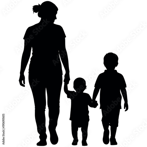 International mother's day family silhouette mother and children walking together