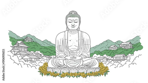 Peaceful buddha with temples and mountains in minimalist line art style