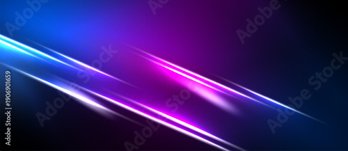 Abstract background features vibrant blue, purple light streaks. Diagonal lines create dynamic visual effect. Dark areas contrast bright illumination.
