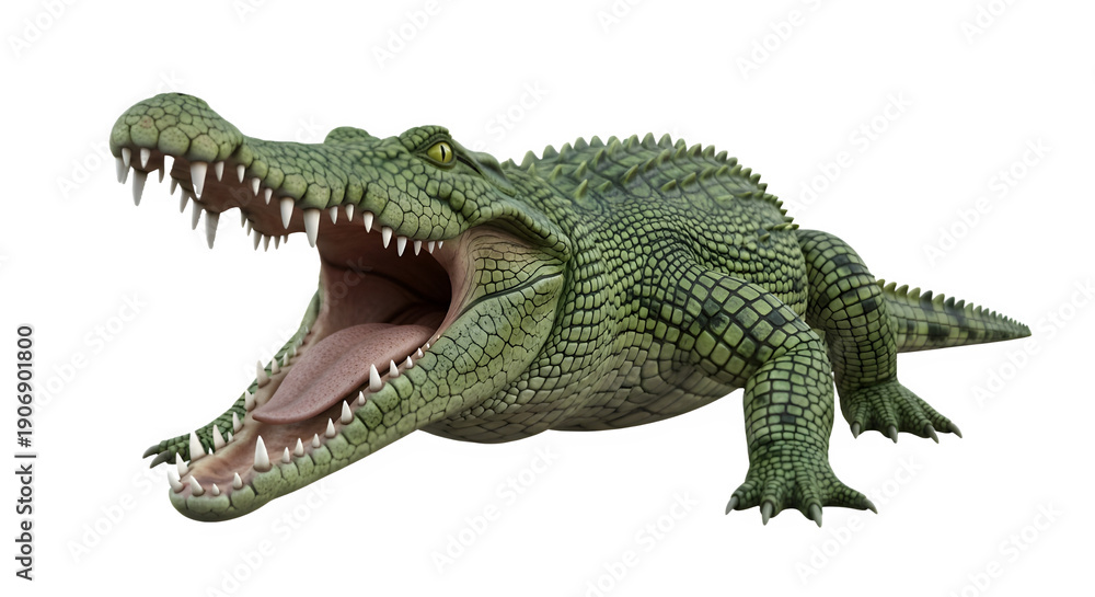 Obraz premium Green Alligator PNG – Aggressive Crocodile with Open Mouth and Sharp Teeth Isolated on White