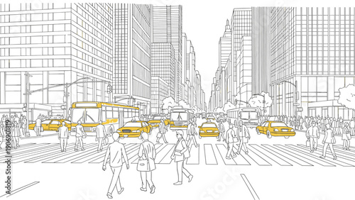 Busy urban street scene with skyscrapers and pedestrians in modern line art style