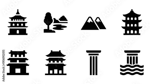 Set of asian architecture and nature silhouettes featuring pagodas and columns