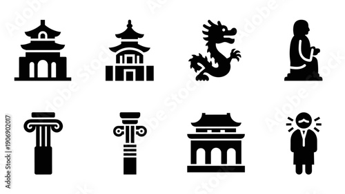 Silhouette icons of asian architecture and culture with mythical creatures