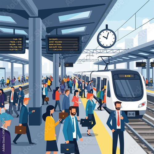 Illustration of a busy train station platform with commuters and trains
