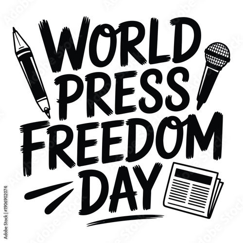 World Press Freedom Day awareness campaign logo with pen microphone and newspaper