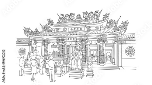 Traditional chinese temple scene with visitors in detailed line art