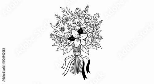 Elegant line drawing of a floral bouquet featuring lilies, roses, and small buds