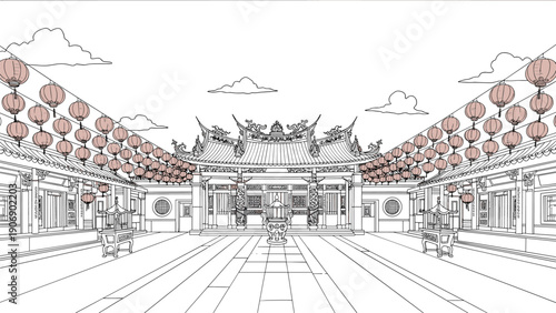 Intricate line art of traditional chinese temple with lanterns and cloud accents