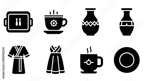 Silhouette icons: tea cups, pottery, and fashion apparel