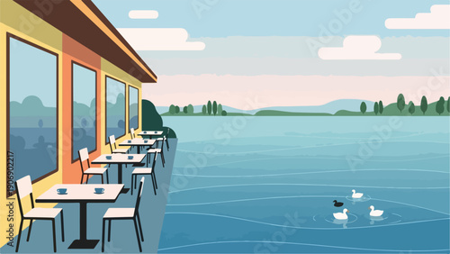 Illustration of a cafe with a view of a lake and ducks at sunrise