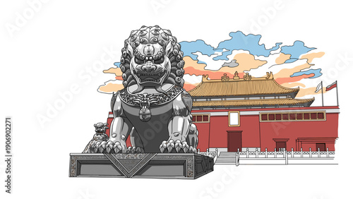 Traditional chinese lion statue in front of historical temple with vibrant sky