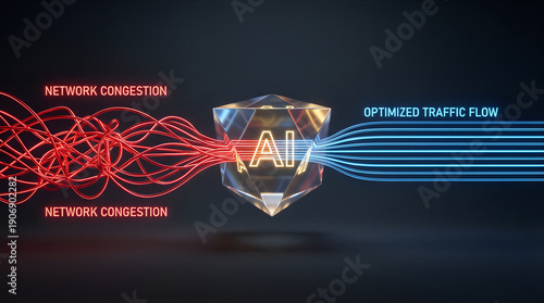 Wallpaper Mural Conceptual 3D AI shield optimizing network traffic from congestion to smooth flow. Red tangled data lines transform into blue streamlined channels for efficient digital technology and data management Torontodigital.ca