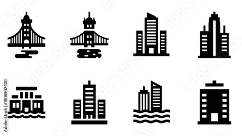Urban architecture icons: set of black silhouette building symbols