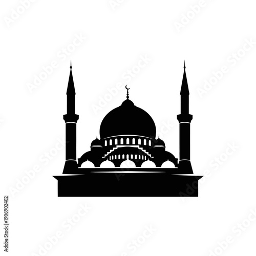 Silhouette of a Beautiful Mosque with Two Minarets and Dome.