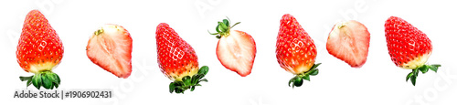 PNG, several whole and cut ripe red strawberries with leaves lying in a row, top view, macro, close-up, transparent background, large photo, high resolution, large size, template, pattern