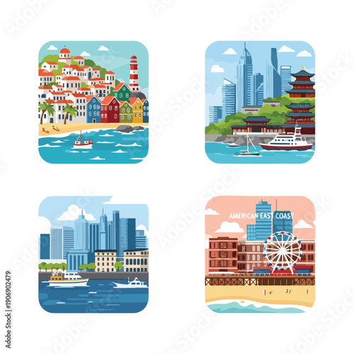 Four stylized illustrations coastal town, cityscapes, coast, and ferris wheel