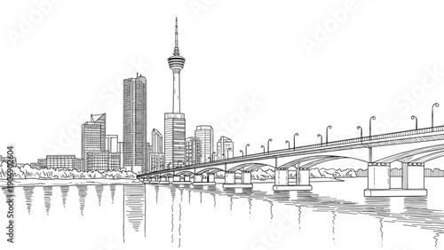 Linear cityscape with bridge and skyline reflections in black and white