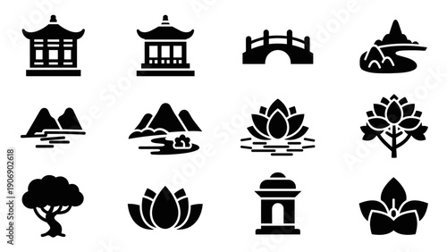 Asian cultural icons: pagodas, bridges, and nature in bold silhouette design