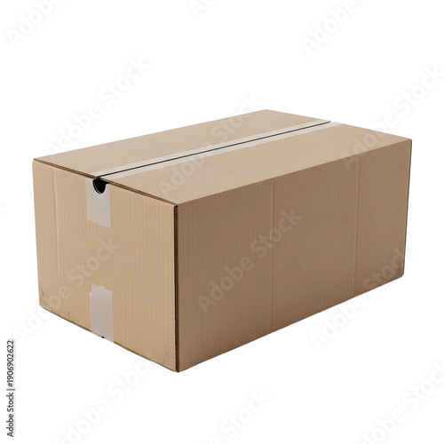 A cardboard box is shown from an angled viewpoint on a plain surface with visible packaging tape and labels
