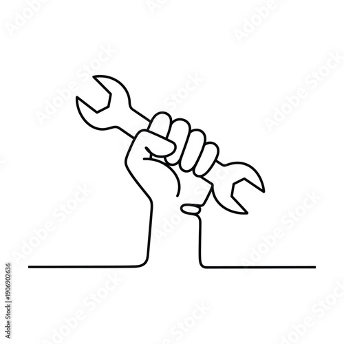 Line drawing of a hand holding a wrench tightly  simple minimalist illustration