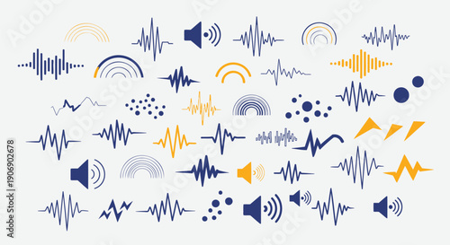 Sound wave icons, audio signal illustrations, music equalizer elements, speaker and waveform symbols, for music or podcast design, Isolated on transparent background, png