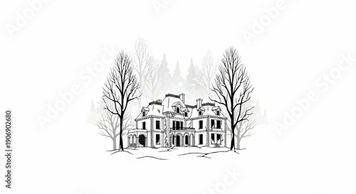 Elegant mansion nestled amongst winter trees under a soft moonlit sky