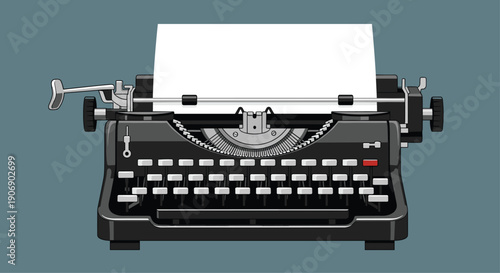 A classic black vintage manual typewriter with a blank sheet of white paper inserted, featuring numerous keys and a detailed carriage, viewed directly from the front on a solid teal-gray background.