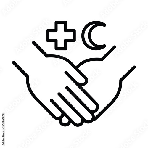 Handshake with cross and crescent moon on top symbol  medical and islamic agreement