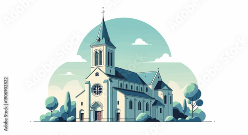 Illustration of a light-colored church with a tall spire, surrounded by trees
