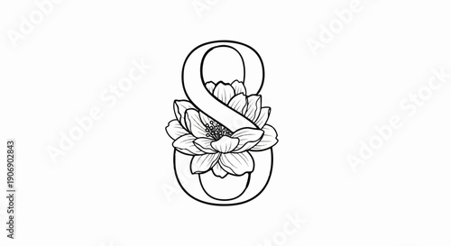 Elegant number 8 entwined with a detailed lotus flower illustration