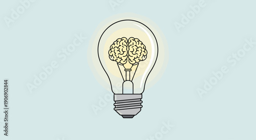 A glowing, clear glass light bulb containing a finely detailed human brain as its filament, emanating bright illumination and presented with a minimalist design on a soft blue background.
