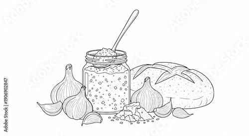 Jar of paste with spoon, garlic bulbs, cloves, and bread