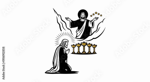 Jesus praying before divine apparition with golden chalices