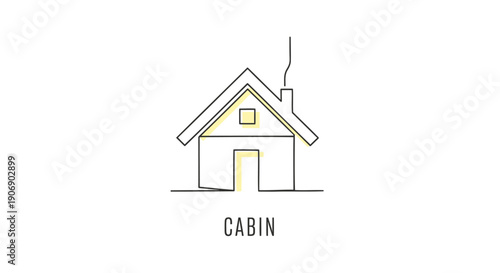 Vector line art cabin icon, simple house illustration with yellow door and window, smoke coming out of chimney, for logo or symbol, Isolated on transparent background, png