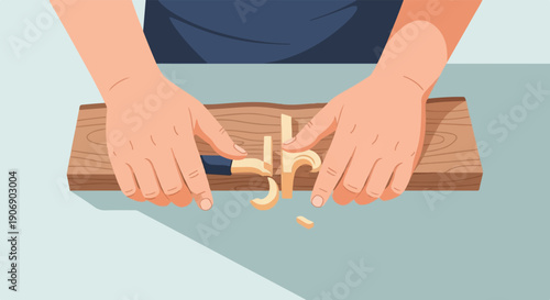Hands carving wood with a knife on a wooden board