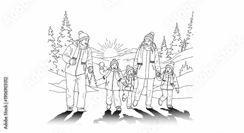Joyful family in winter snow, sun rising over snowy hills and trees