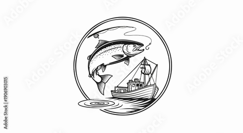 Jumping fish, fishing boat, and ripples within a circular emblem