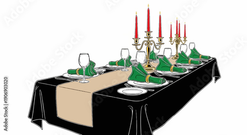 Elegant table setting with red candles and green napkins for a formal dinner