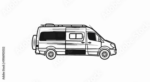 Line art of a cargo van with windows and roof rack, white background