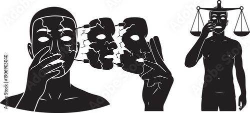 Illustration of a man with multiple faces and scales