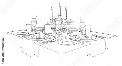 Elegant table setting with sparkling drinks, lit candles, and decorative centerpiece