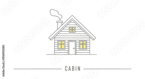 Vector cabin icon, simple line drawing, wooden house with smoke from chimney, for logo or illustration, Isolated on transparent background, png
