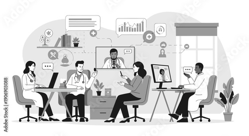 A focused doctor works diligently at their computer, ideal for healthcare websites or medical articles.