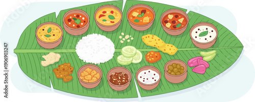 Illustrated South Asian meal on banana leaf with rice, curries, and sides
